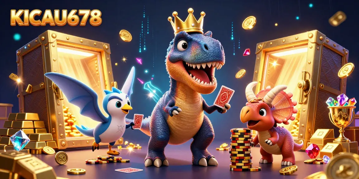 KICAU678 players enjoy a vibrant casino scene with a T-Rex and friends in action, stacking chips and shuffling cards.