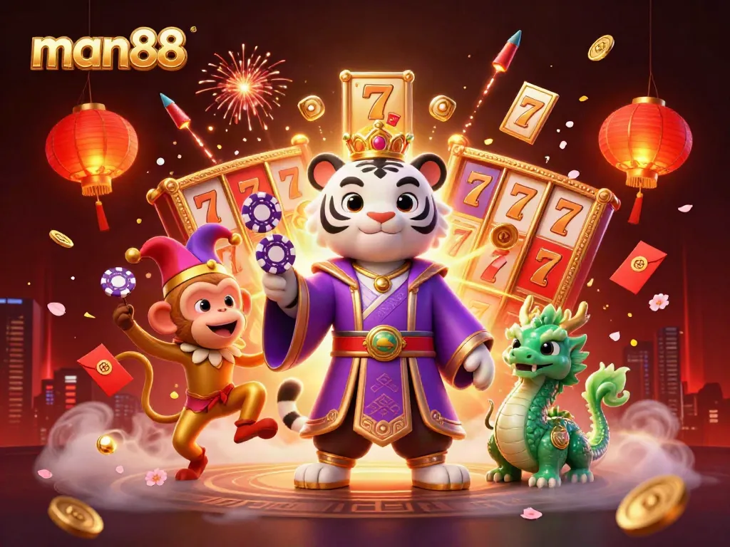 Playing at man88 casino with a lively scene featuring a white tiger, a jester monkey, and jackpot elements.