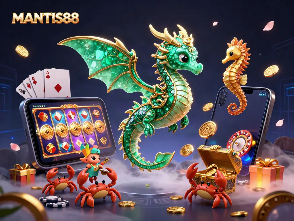 Experience the MANTIS88 thrill with an emerald sea dragon amidst dynamic slot game visuals.