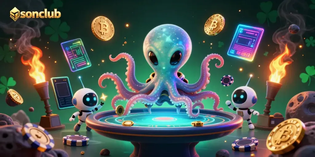 Engage with sonclub at a holographic poker table led by a vibrant alien octopus in space.