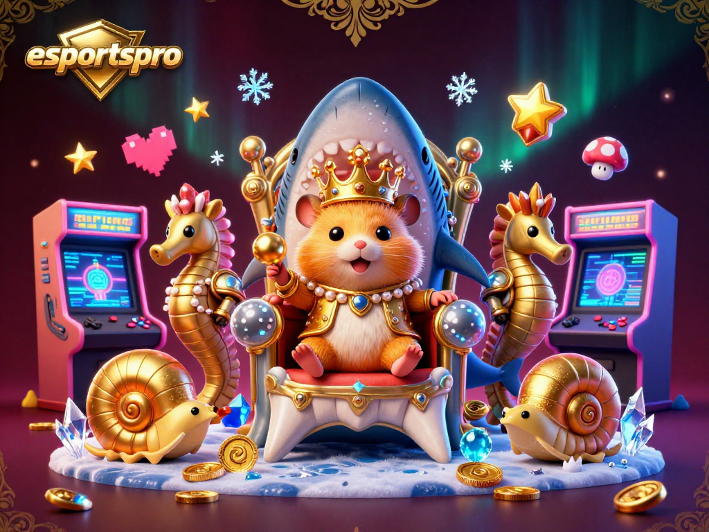 Engage with esportspro through this captivating illustration of a golden hamster king ruling over an arcade-themed casino.