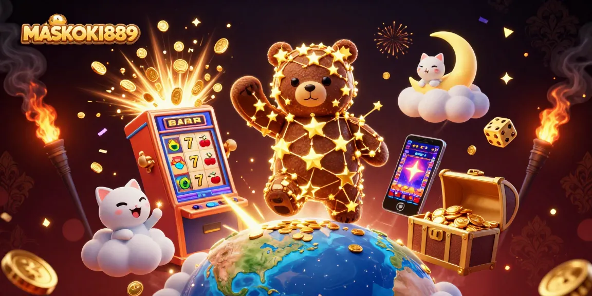 Play exciting games at MASKOKI889 while winning big; features a galaxy-inspired, vibrant casino scene.