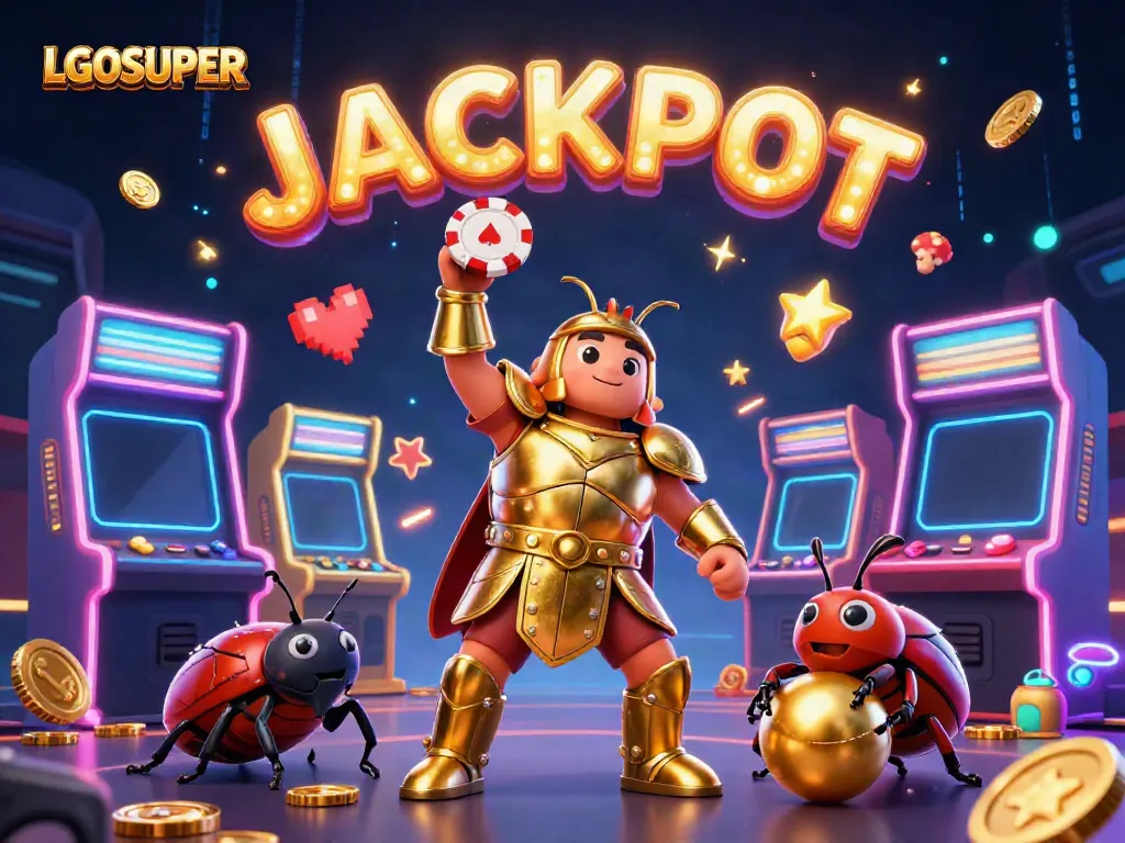 LGOSUPER's cartoon beetle character celebrates a casino victory with vibrant gaming elements surrounding it.