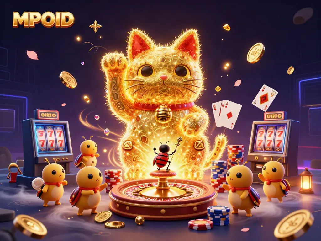 Experience the excitement of MPOID with golden fireflies and casino symbols creating a lucky cat scene.