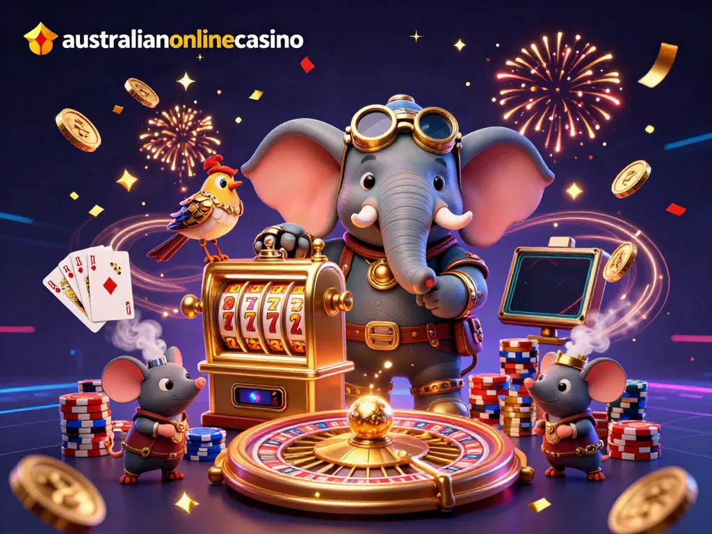 Spin the reels at australianonlinecasino with a vibrant steampunk elephant engineer among casino riches.