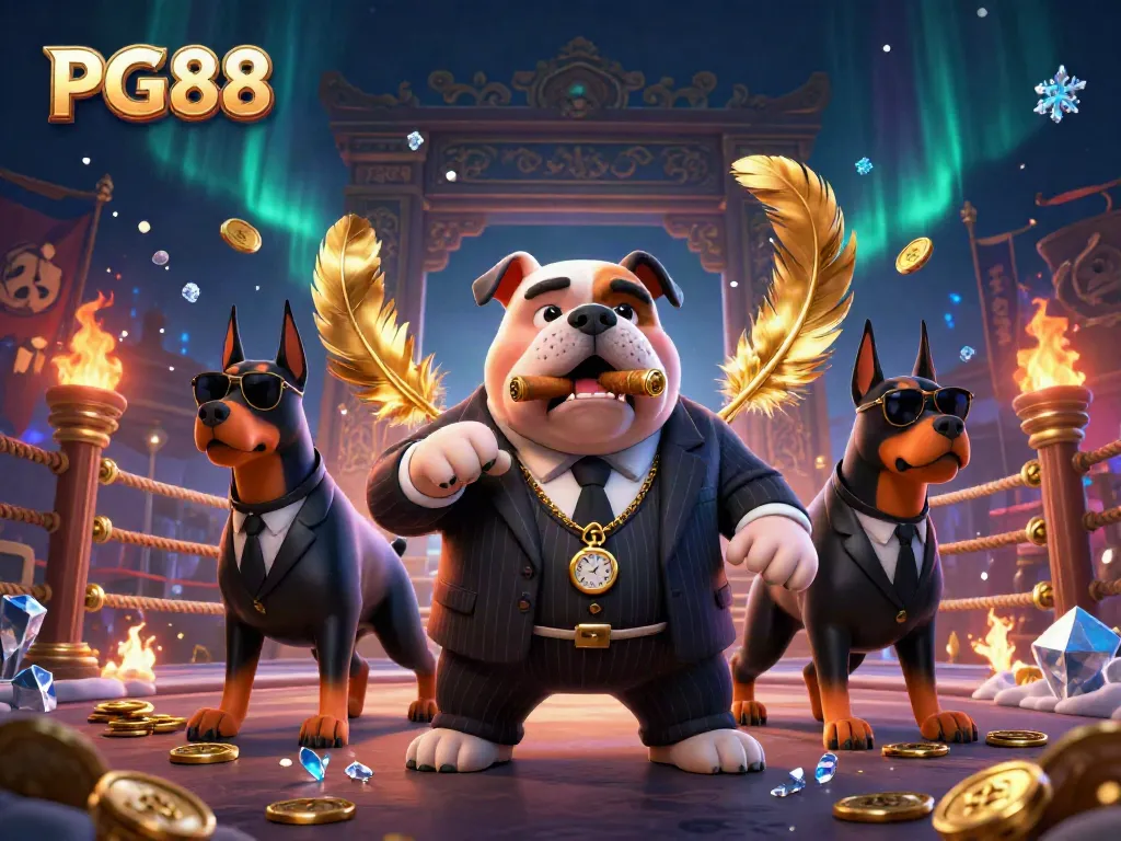 Engaging dynamic scene showcasing PG88 casino themed with a bulldog mob boss and Doberman bodyguards surrounded by gaming elements.
