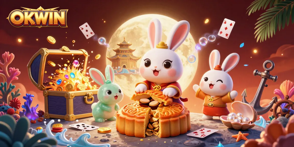 Experience the enchanting world of OKWIN with a moon rabbit and poker chips in a vibrant 3D casino scene.