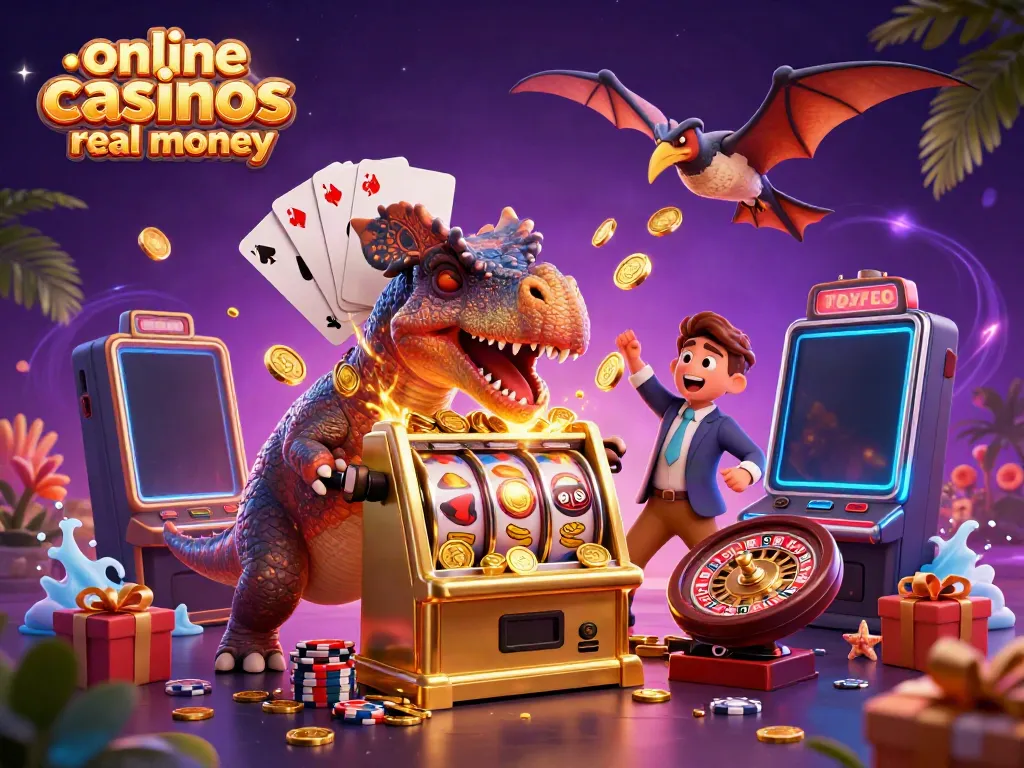 Exciting scene of online casinos real money with a dinosaur and a slot machine erupting with coins.