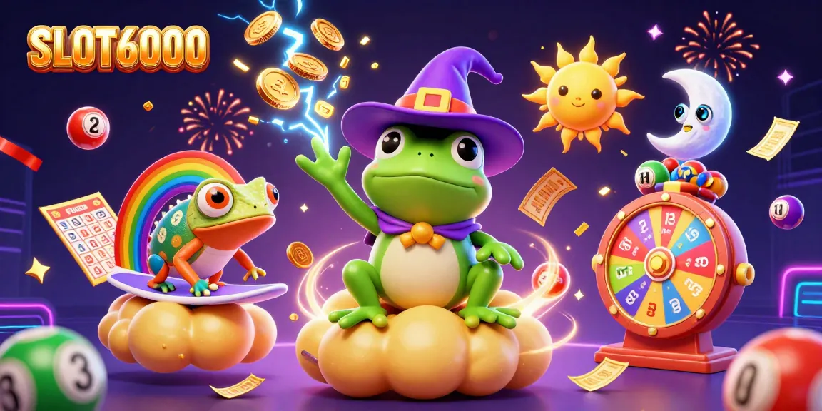 SLOT6000 delivers vibrant gaming fun as a wizard frog summons golden coins and a rainbow chameleon rides a cloud.