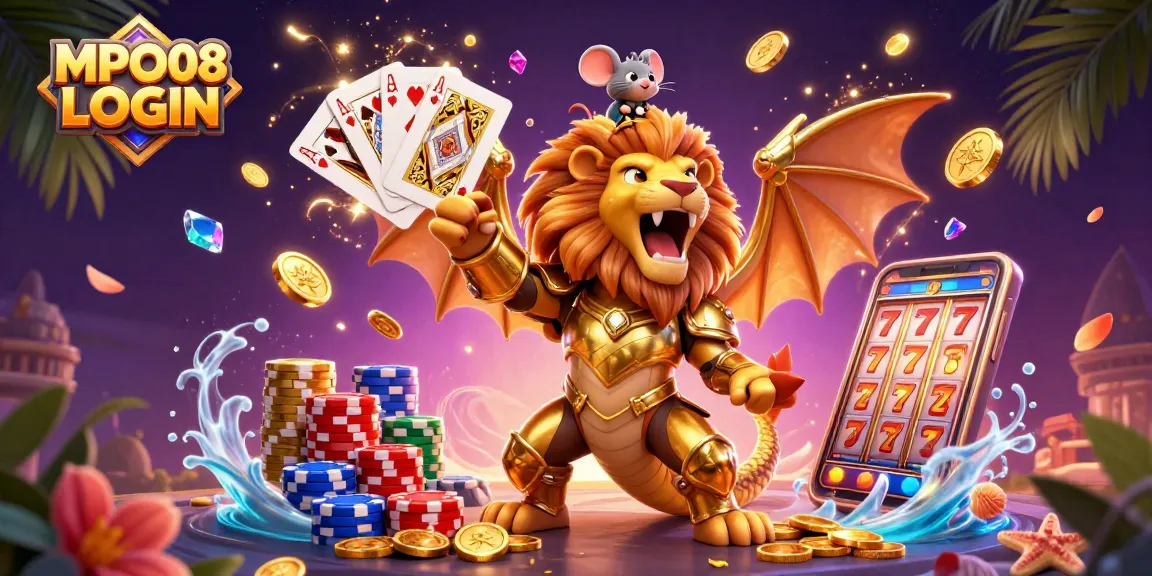 MPO08 LOGIN experience with a chimera creature and brave mouse jockey in an exciting casino scene.