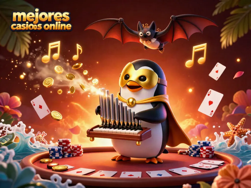 Descubre los mejores casinos online mientras juegan en una mesa de póker virtual con personajes 3D.