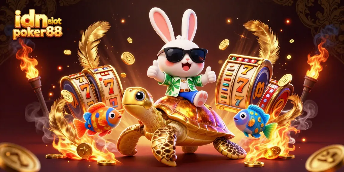 Engage with idn slot poker88 featuring a lucky rabbit and sea turtle amidst vibrant casino elements.