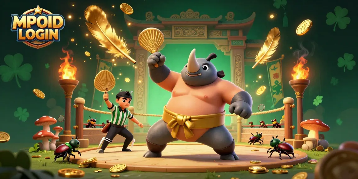 MPOID LOGIN highlights the thrilling stomp of a sumo champion beetle sending gold coins flying in a vibrant gambling arena.