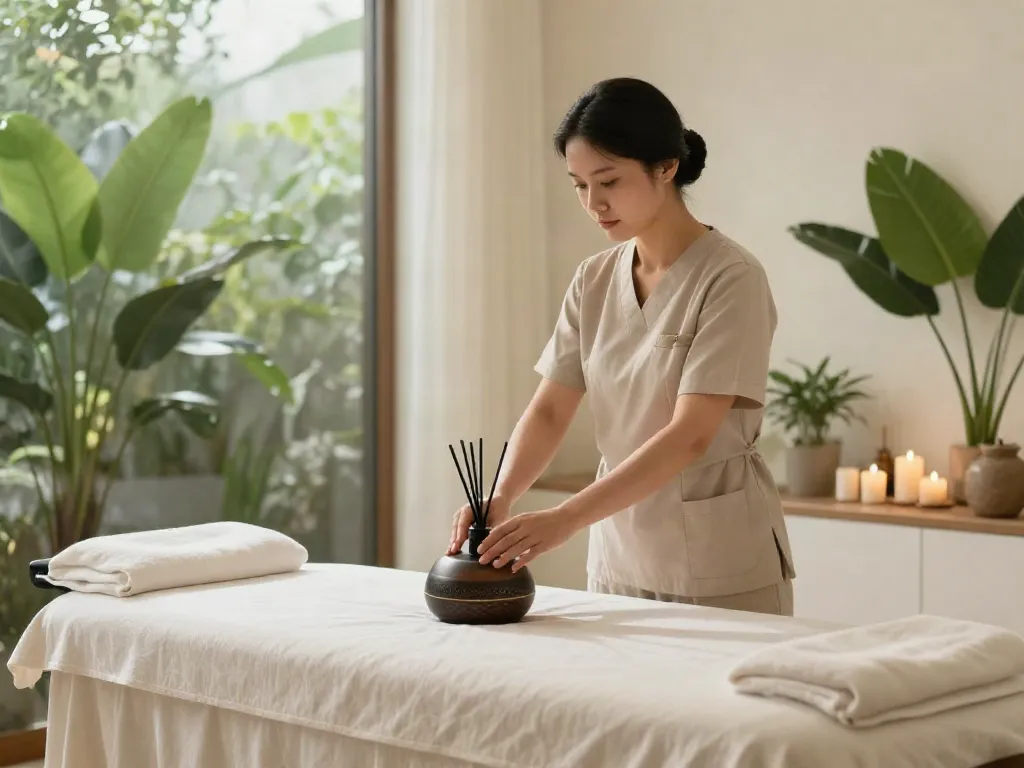 Preparing for a 부천출장마사지 with professional therapist in a tranquil spa setting