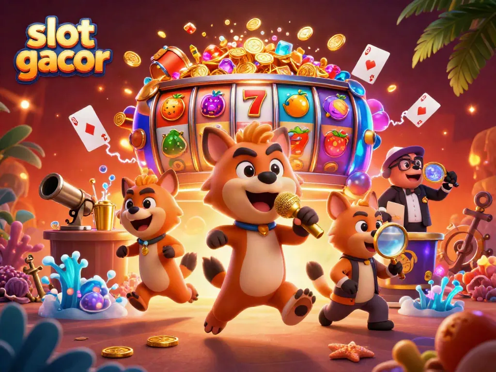 Experience the excitement of slot gacor with vibrant casino elements and animated hyena characters.