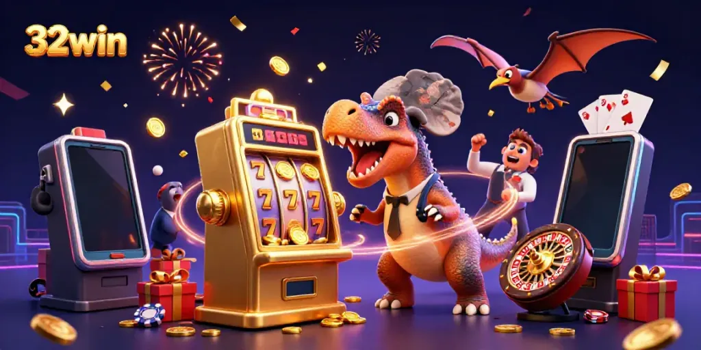 32win celebrates a jackpot win with cartoon dinosaurs and casino elements in a vibrant 3D scene.