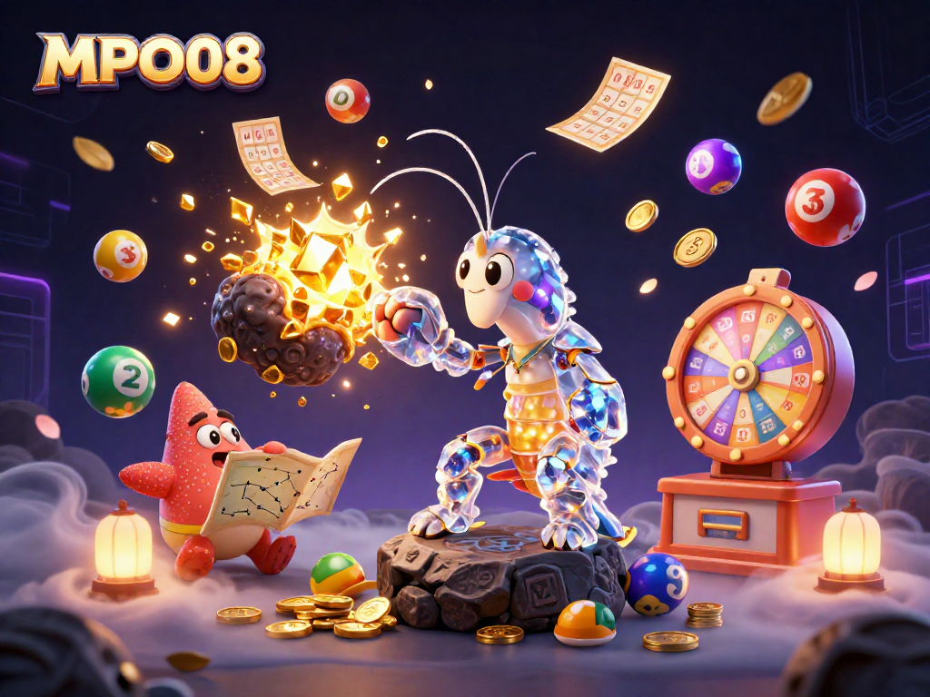MPO08 showcases an epic gaming scene with a galactic mantis shrimp and starfish amidst lottery elements.