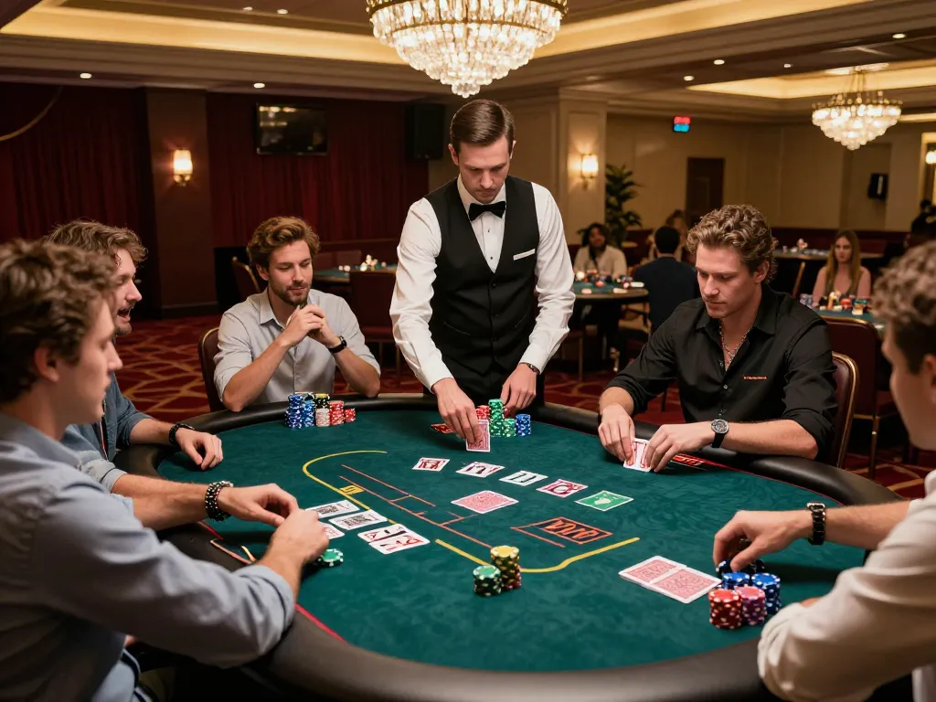 Players enjoying a strategic poker game at take2 casino, focusing on chips and cards during a high-stakes moment.