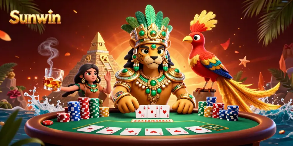 Experience the excitement of Sunwin in a vibrant poker scene with intricate details and characters.
