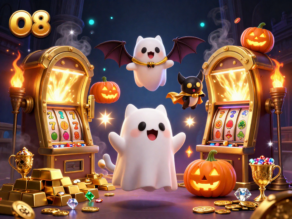 Experience thrilling O8 gaming adventures with a lively ghost cat in a vibrant casino