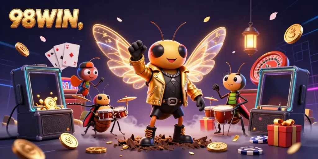 Engage in the excitement of 98WIN with a dynamic scene of a cicada rock star, drummer beetle, and crickets in a vibrant casino.