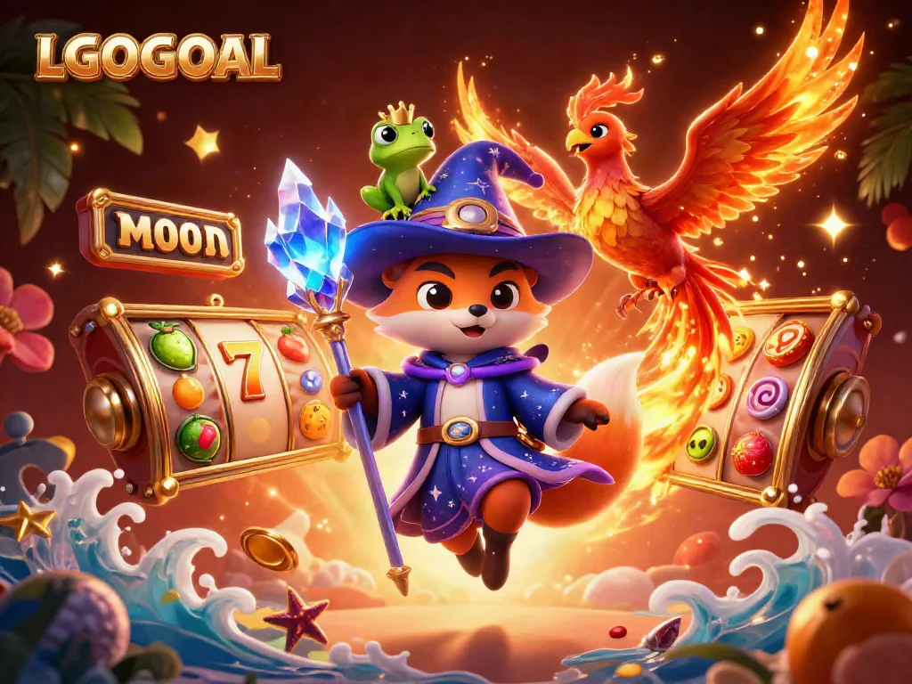 Experience winning excitement with LGOGOAL in a colorful casino scene featuring dynamic slot elements.