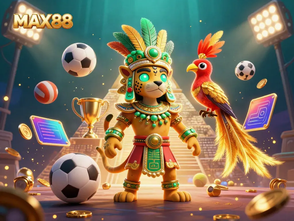 Engage with MAX88 in this vibrant casino scene featuring dynamic sports elements and Mayan characters.