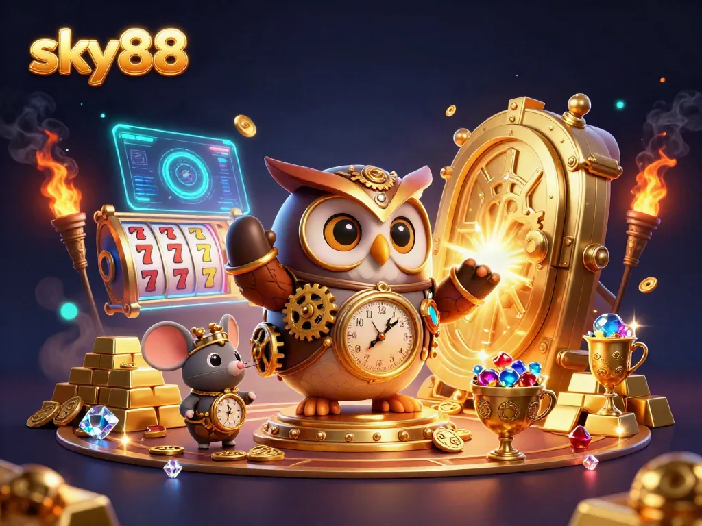 Engaging illustration showcasing sky88 casino theme with dynamic characters, slot elements, and glowing treasures.