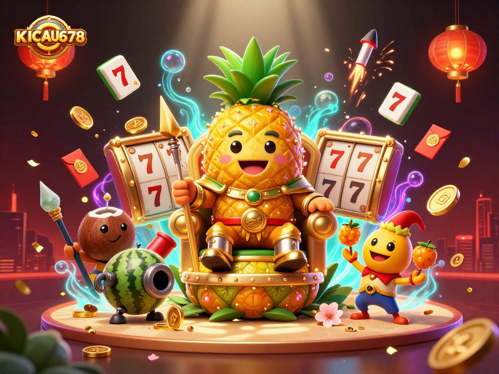 KICAU678 engaging players in an exciting 3D casino scene featuring a golden pineapple king and vibrant game elements