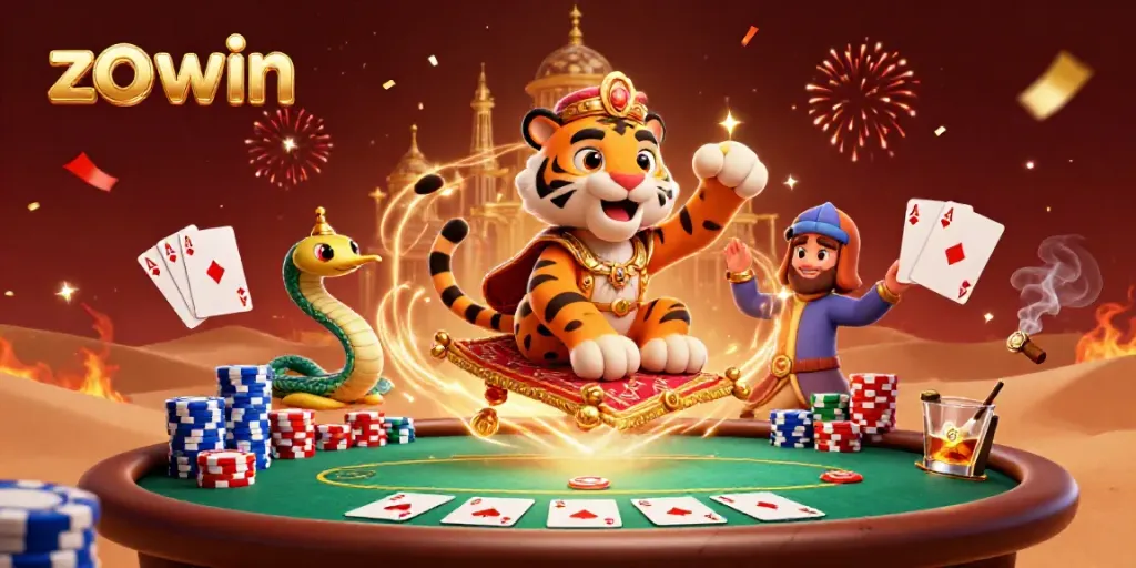 Engage in thrilling gameplay at zo win with a vibrant casino scene including poker elements and animated characters.