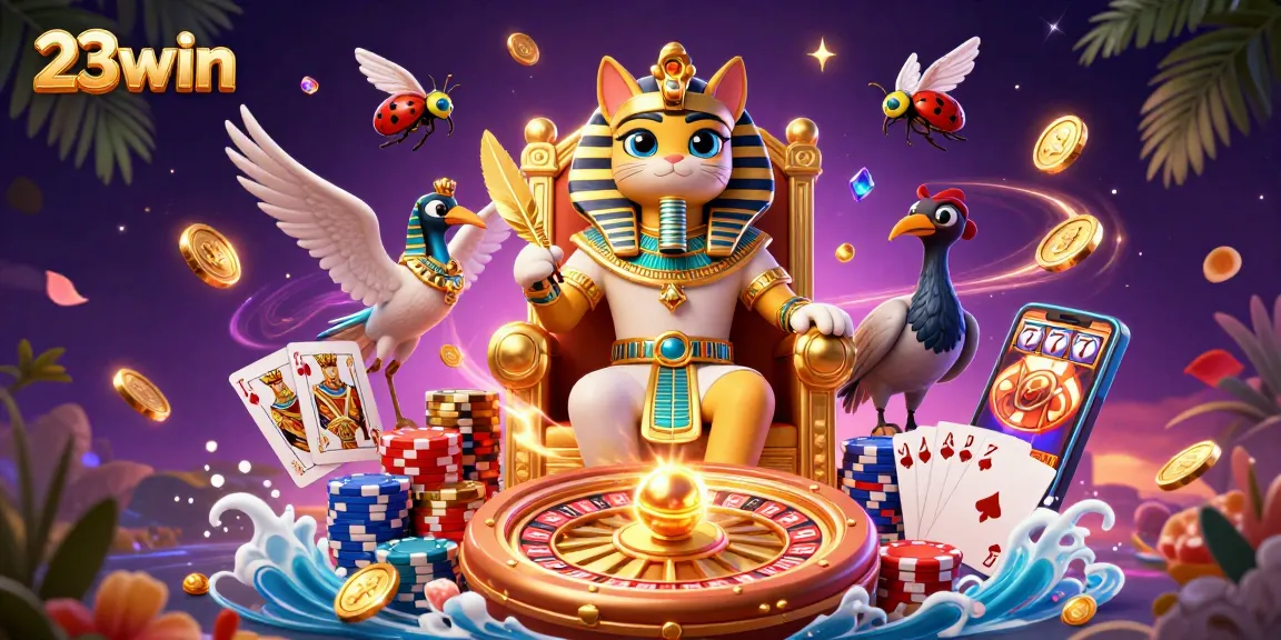 Experience excitement at 23win with a vibrant 3D casino illustration of pharaoh and gaming elements.