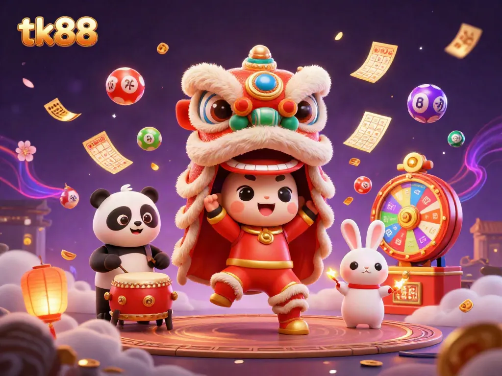 Engaging tk88 experience with a lively Chinese lion dance, colorful lottery elements, and festive atmosphere.