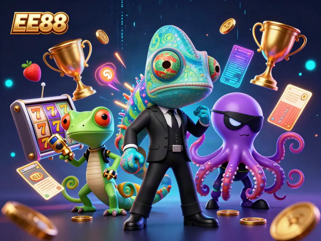 Engage with EE88's thrilling adventure in this vibrant casino illustration featuring colorful slot game elements.