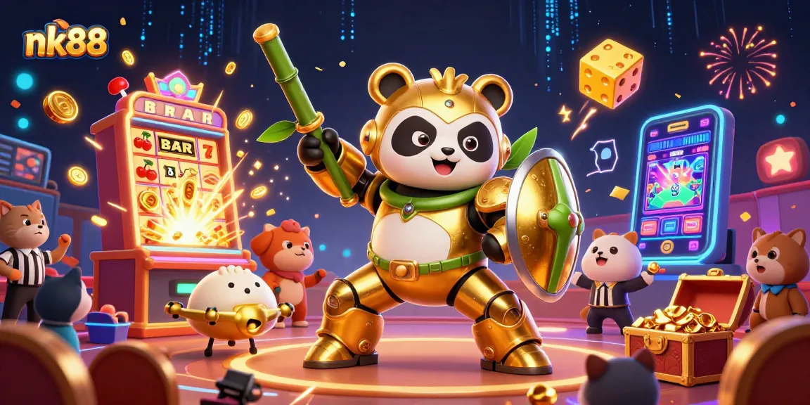 Engage with nk88's thrilling gambling experience featuring a dynamic battle in a casino-themed arena.