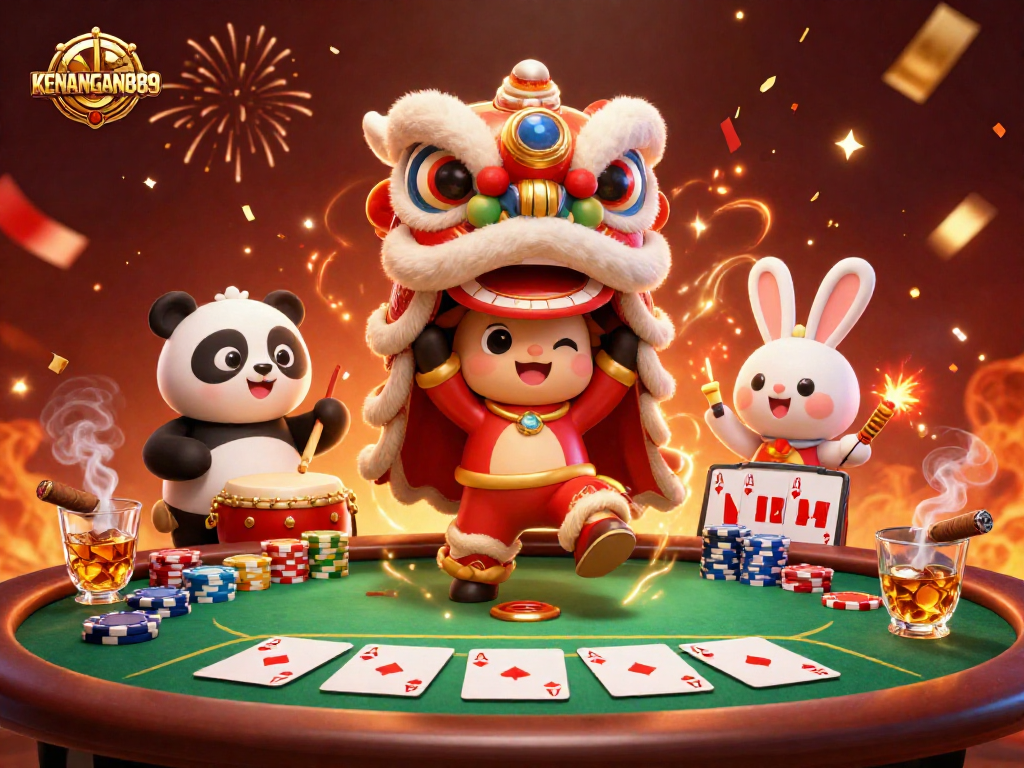 Engage with KENANGAN889: Enjoy a lively casino scene with a lion dance and poker action.