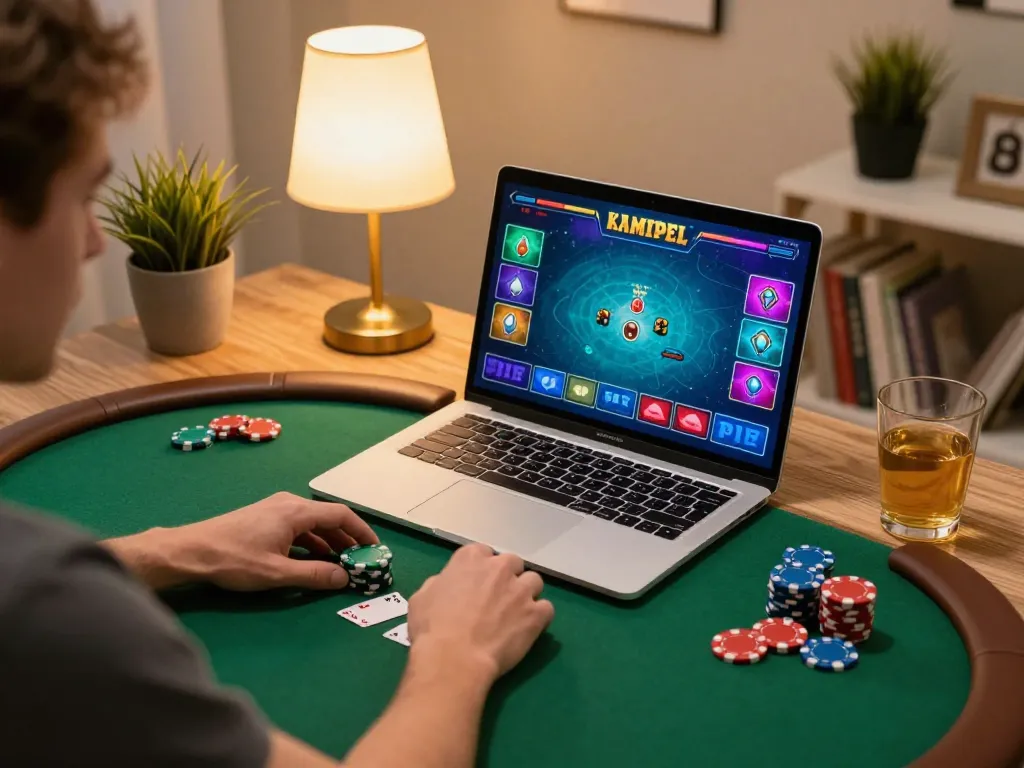 GG88 player strategizing poker at home with laptop and chips in cozy setting