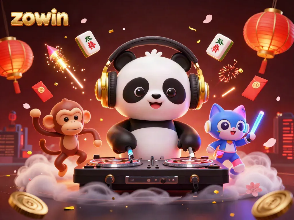 Zowin offers thrilling casino action featuring DJ panda and breakdancing monkey in a vibrant game scene.