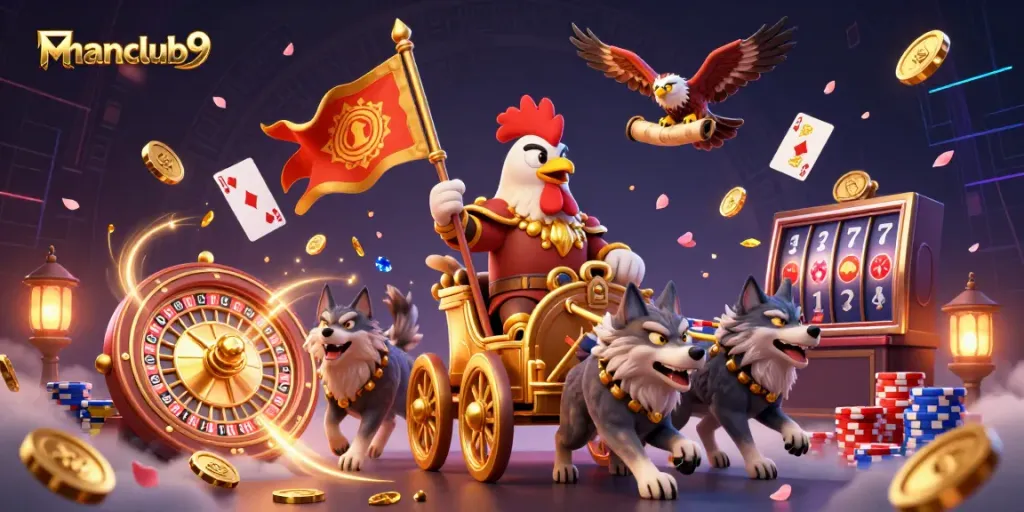 Experience manclub9 with a vibrant 3D chariot scene filled with golden coins and winning cards.
