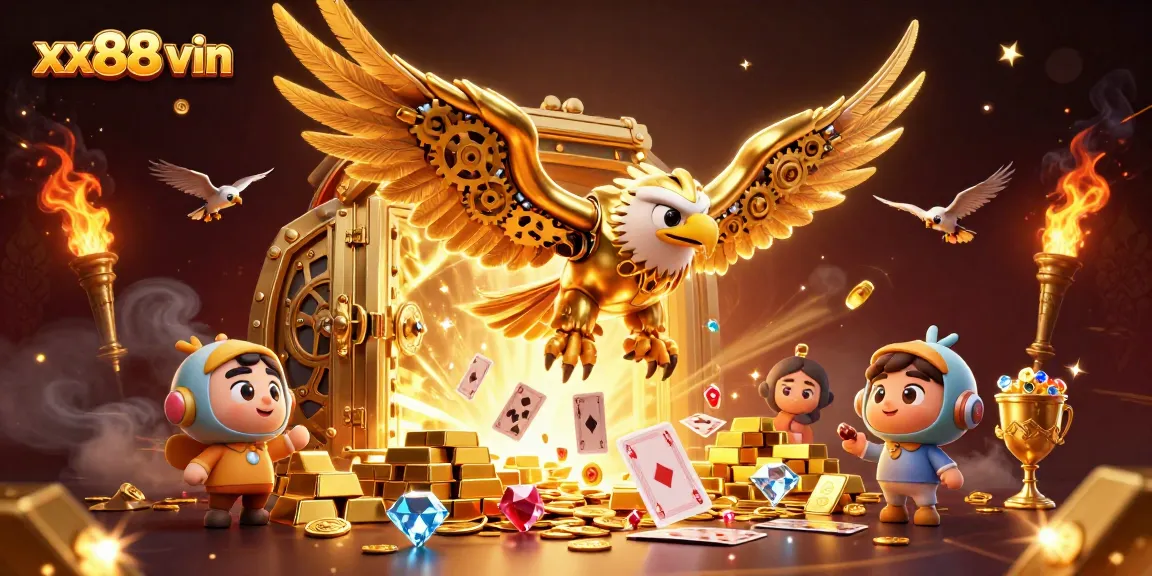 Experience the thrill of xx88 vin with a dynamic casino-themed 3D illustration showcasing gold treasures and playing cards.