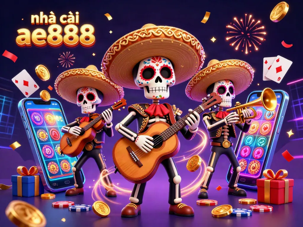 Engage with nhà cái ae888's vibrant gaming world featuring a lively mariachi band amidst festive slot machines.