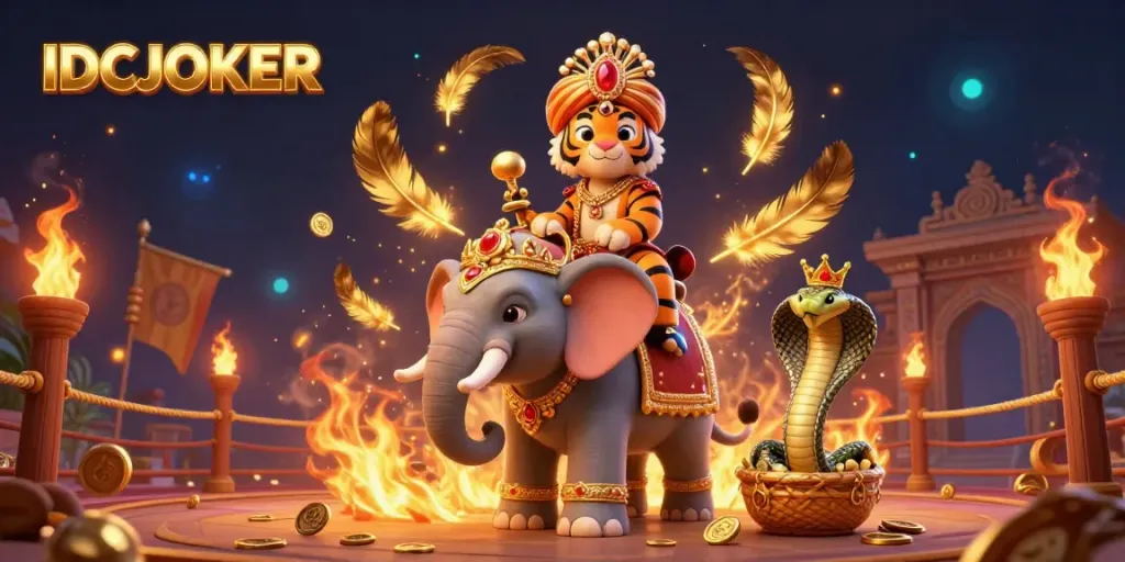 Engage with IDCJOKER through this lively illustration of a maharaja tiger, elephant, and cobra in a vibrant gambling scene.