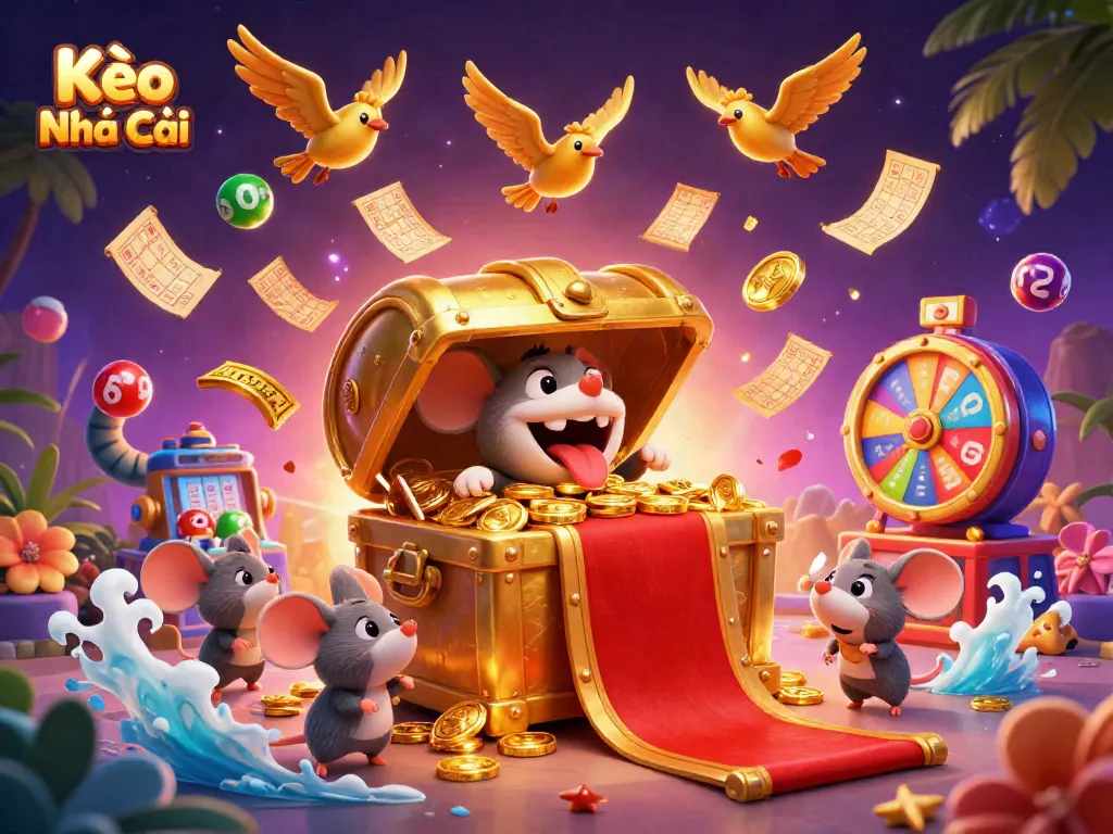 Kèo Nhà Cái offers a dynamic, colorful scene with animated lottery elements and enticing casino visuals