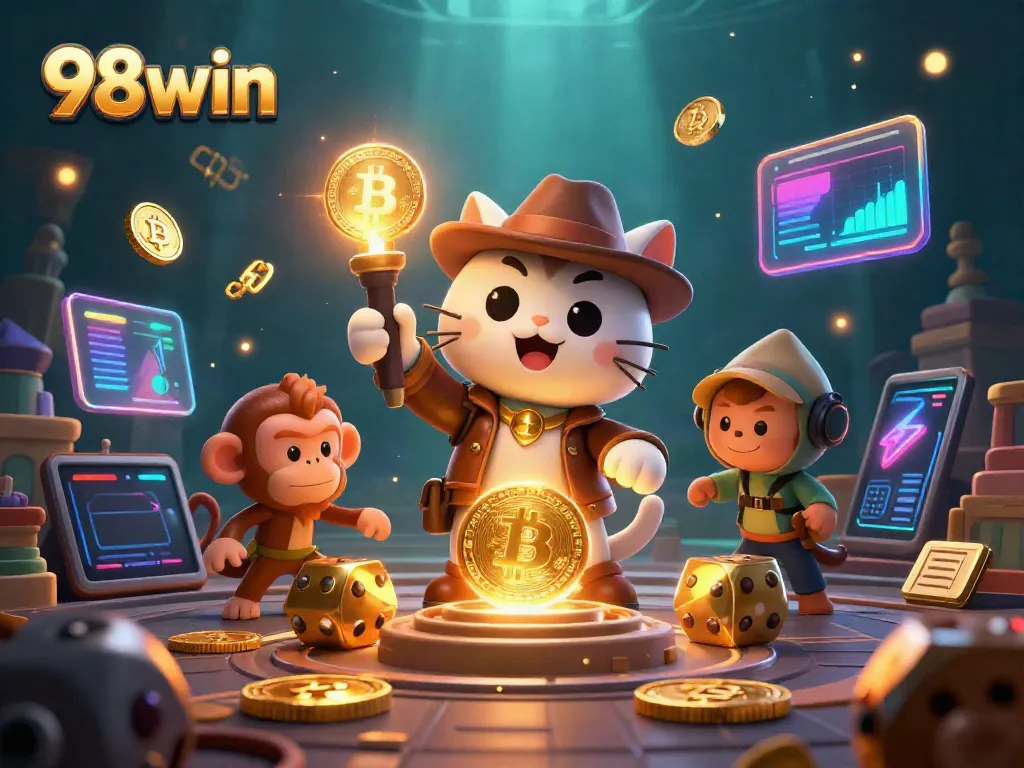 Engage with 98win's thrilling adventure in a rich 3D casino setting, showcasing vibrant gaming elements.