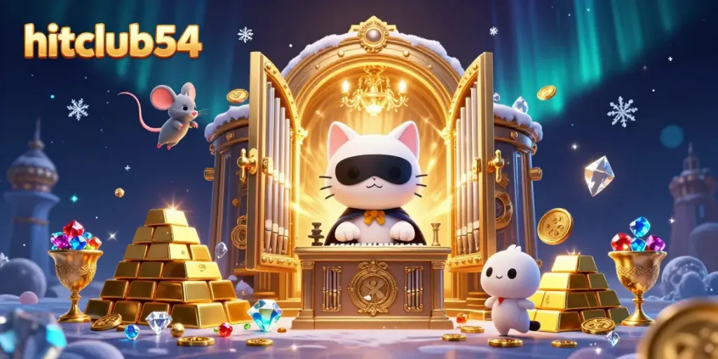 Spin the reels at hitclub54 with the phantom cat and treasures in this vibrant casino scene.