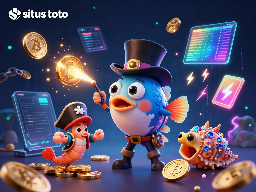 Experience exciting wins in situs toto gaming with vibrant characters and glowing crypto elements.