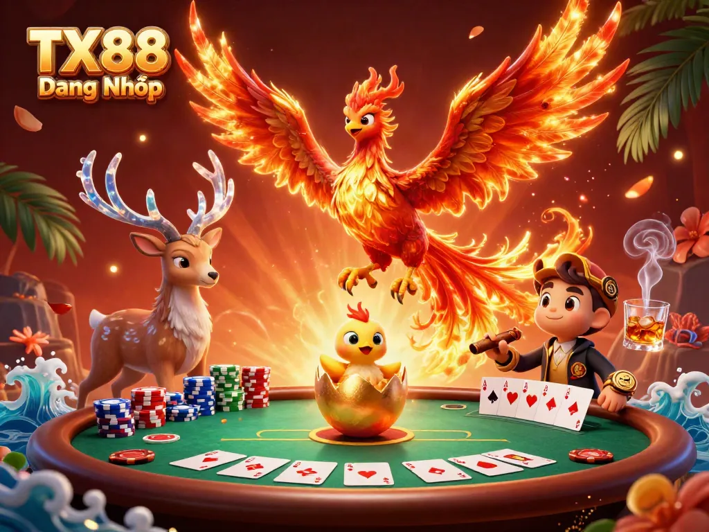 Engage in winning gameplay at TX88 Đăng Nhập with a vibrant 3D casino scene featuring a phoenix and poker elements.
