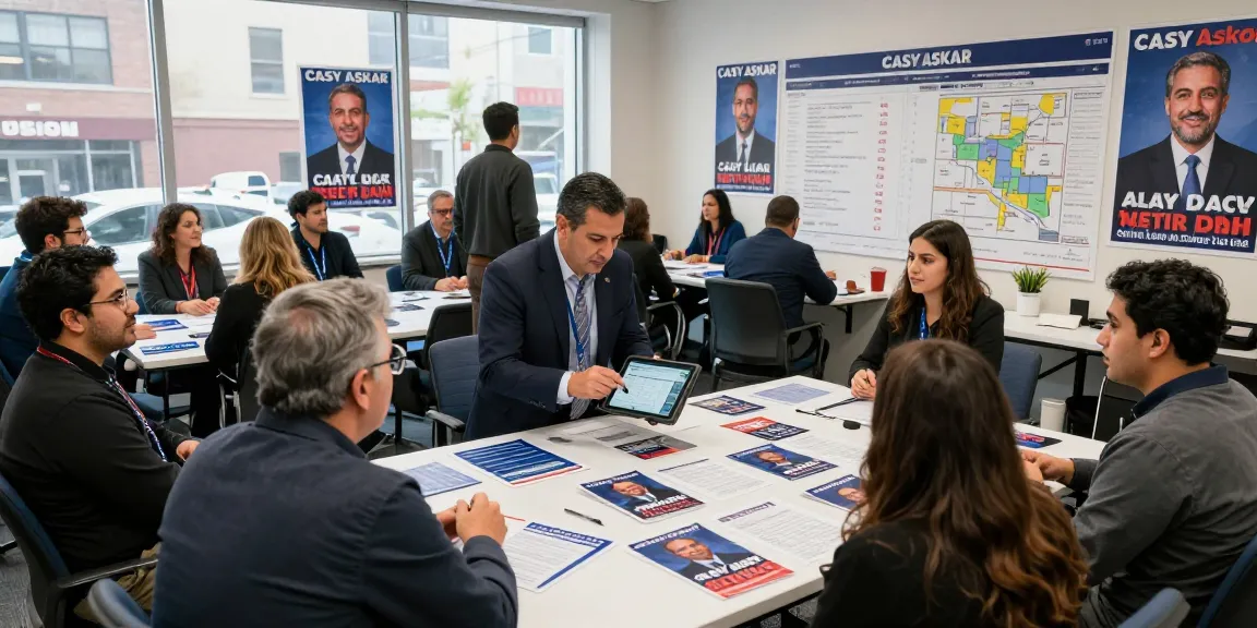 Dynamic political campaign headquarters scene highlighting Casey Askar's team strategizing and organizing for FL-22 election.