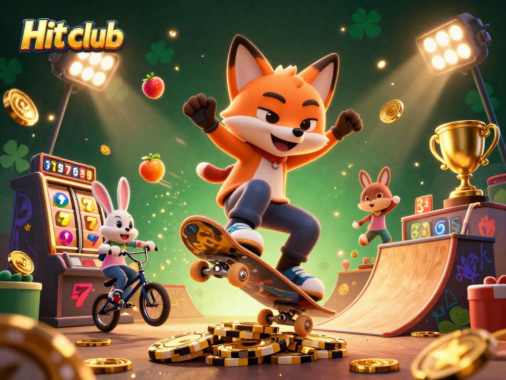Animated scene in Hit club features a fox and rabbit doing tricks among vibrant casino symbols and slot machines.