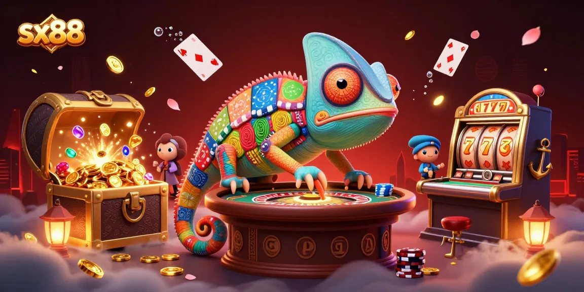 SX88 offers vibrant casino action with a chameleon owner and colorful slot machines, capturing the thrill of gaming.