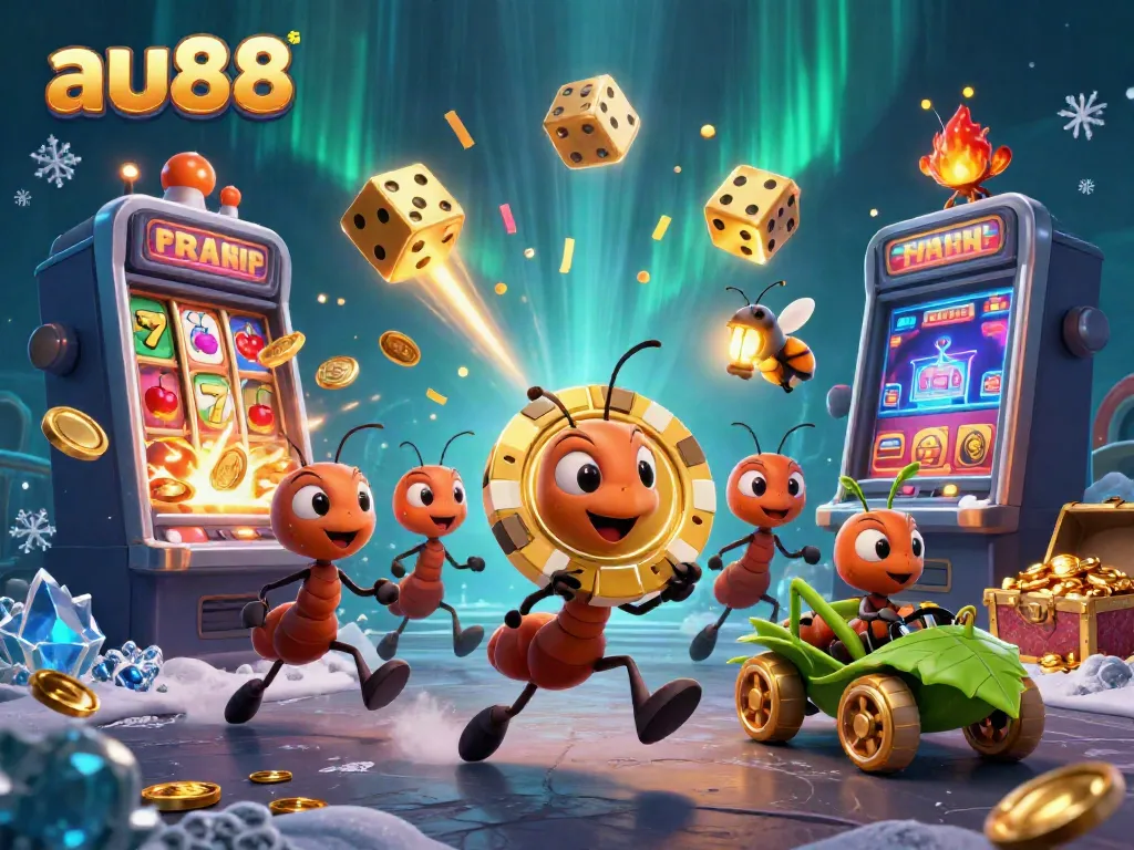 Engaging scene of au88 with ants orchestrating a heist for a massive poker chip amid casino elements and vibrant explosions.